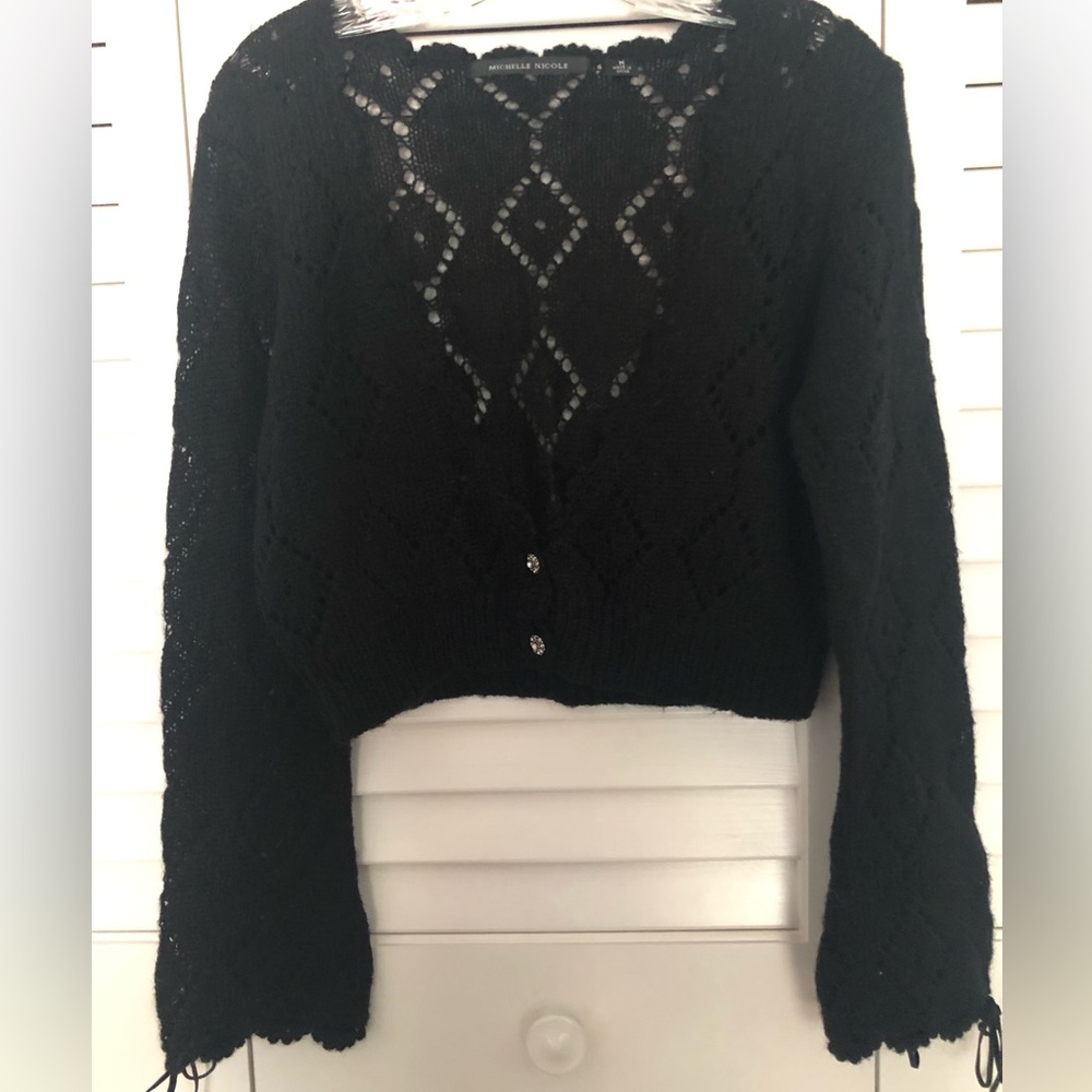 Michelle Nicole Black Crystal Knit Crochet Cardigan
